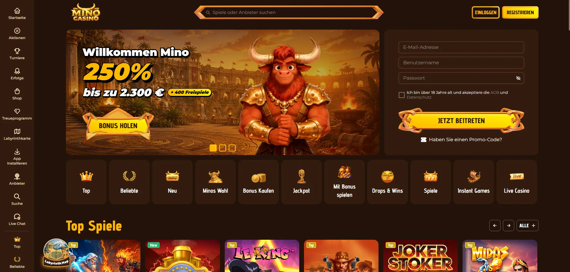 Lobby di Mino Casino con oltre 9000 giochi disponibili