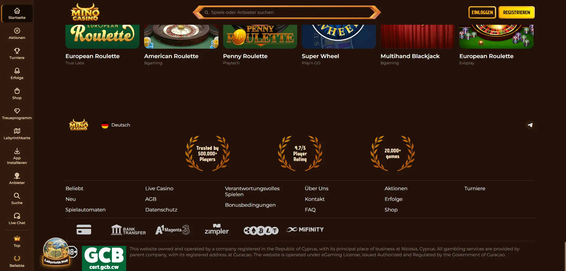 Metodi di pagamento Mino Casino &mdash; carte, e-wallet e criptovalute
